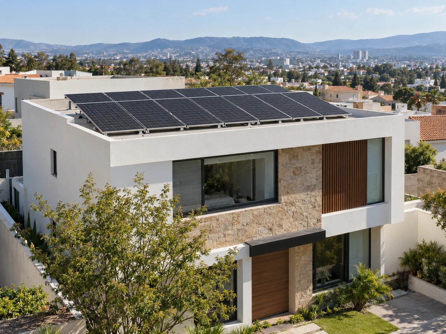 Visualización de una vivienda con paneles solares en la azotea